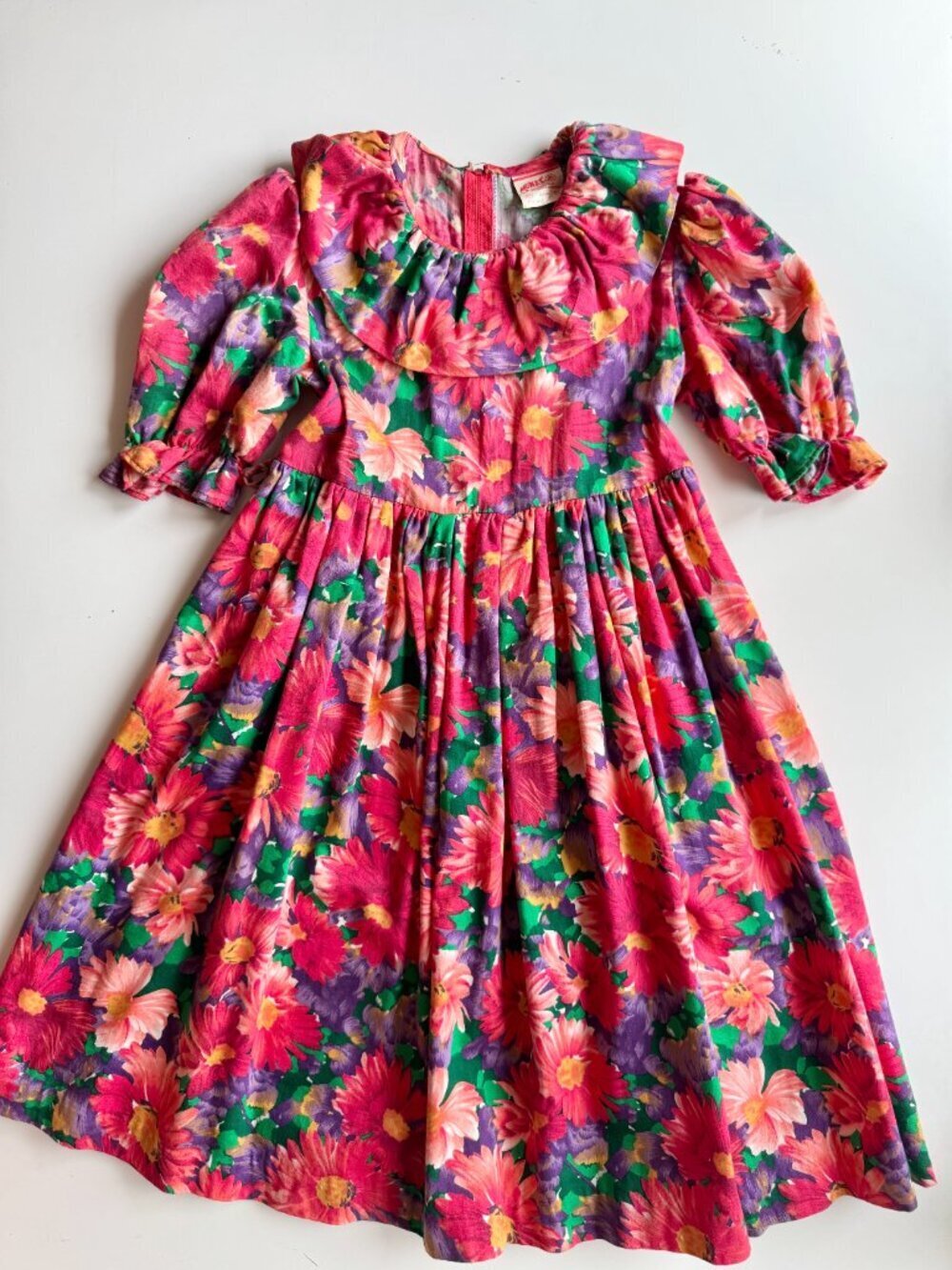 Vintage Girls' MONAT Red Purple Floral Cotton Muslin Fit & Flare Dress, Size 10